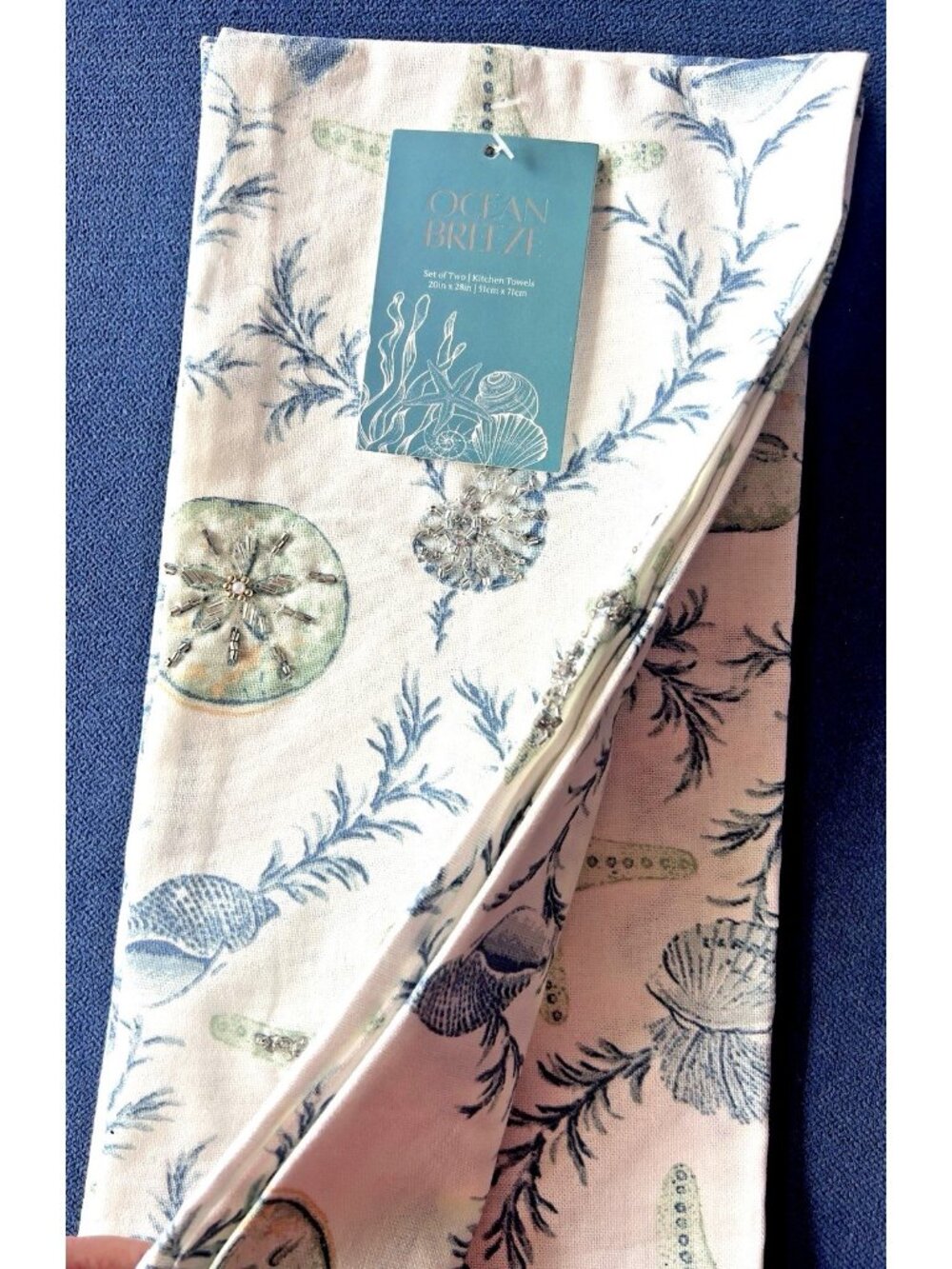 OCEAN Sand Dollar Starfish Kitchen Towel Set/2 Sequins Blue Coral Shells 18"x28"